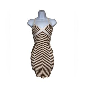 Knit brown and white halter neck mini dress with open back